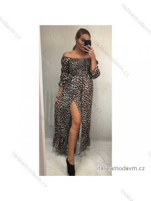 Šaty dlouhé letní žabičkované carmen přes ramena dámské leopard (S/M ONE SIZE) ITALSKÁ MÓDA IMWA216172-1/DR hnědá S/M