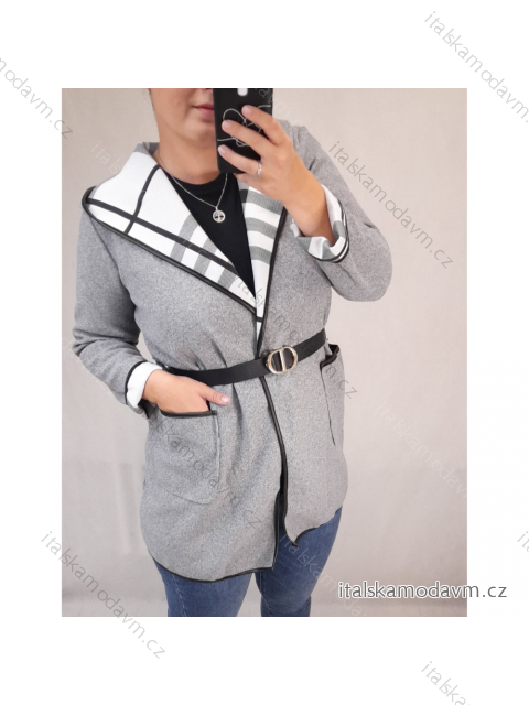 Kabát s kapucí a páskem dámský (M/L ONE SIZE) ITALSKÁ MÓDA IMP21176 Šedá M-L