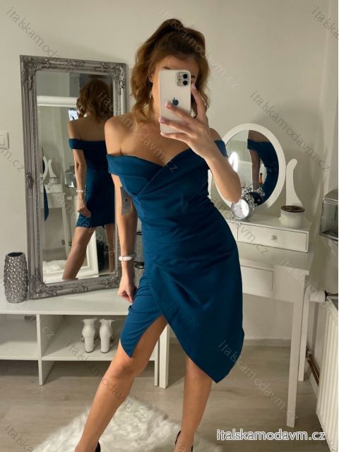 Šaty elegantné carmen krátké bez rukávov dámske (S/M ONE SIZE) TALIANSKA MóDA IM322308/DR petrolejová S/M