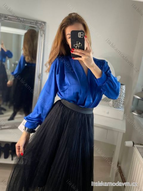 Body alá halenka elegantní saténové  dlouhý rukáv dámské (S/M ONE SIZE) ITALSKÁ MÓDA IMM22LS17519/DR Modrá královská S/M