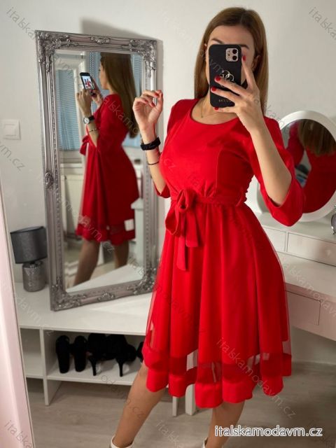 Šaty elegantní společenské dlouhý rukáv dámské (S/M ONE SIZE) ITALSKá MóDA IM322282 červená S/M