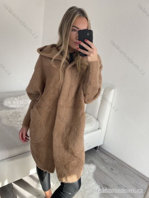 Kabát alpaka s kapucí dámský nadroměr (XL/2XL ONE SIZE) ITALSKÁ MÓDA IMD22918/DR XL/2XL hnědá