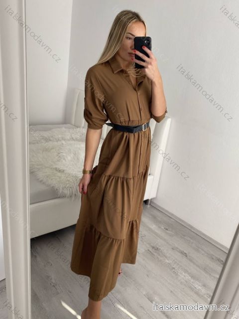 Šaty košilové dlouhý rukáv dámské (S/M ONE SIZE) ITALSKÁ MÓDA IMPBR22H1770-R7/DR hnědá S/M