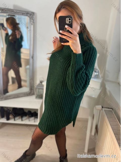 Šaty pletené oversize s rolákem dlouhý rukáv dámské (S/M/L ONE SIZE) ITALSKÁ MÓDA IMWGS223583 smaragdová S/M