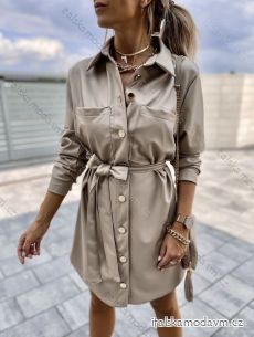 Šaty košilové koženkové dlouhý rukáv dámské (S/M ONE SIZE) ITALSKÁ MÓDA IMPBB22D16431