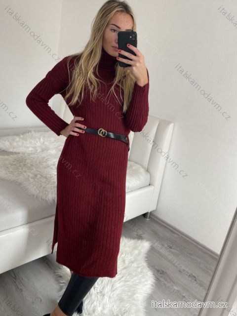 Šaty pletené rolákové s páskem dlouhý rukáv dámské (S/M ONE SIZE) ITALSKÁ MÓDA IM422NOEMI bordó S/M