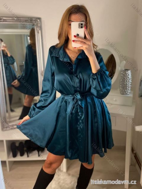 Šaty krátke košeľové saténové  dlhý rukáv dámske (S/M ONE SIZE) TALIANSKA MÓDA IMM22LS25366/DR