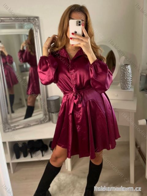 Šaty krátke košeľové saténové  dlhý rukáv dámske (S/M ONE SIZE) TALIANSKA MÓDA IMM22LS25366/DR fialová S/M