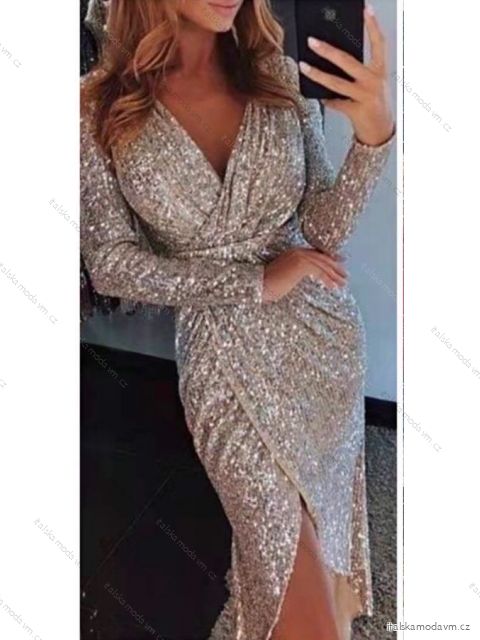 Šaty elegantní třpytivé s flitry dlouhý rukáv dámské (S/M ONE SIZE) ITALSKÁ MÓDA IMWKK223789