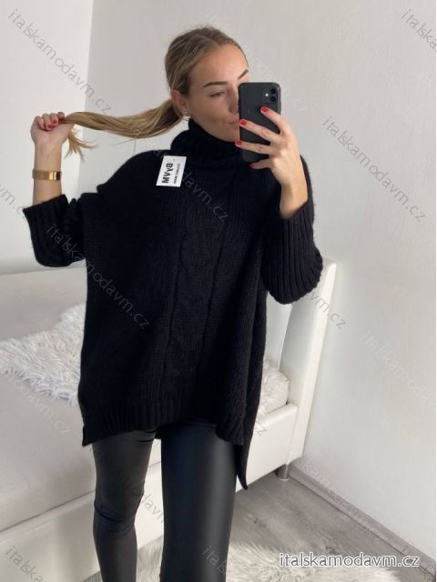 Svetr pletený oversize s rolákem dlouhý rukáv dámský (S/M/L/XL/2XL/3XL ONE SIZE) ITALSKÁ MÓDA IMWC223672/DR 2LX/3XL Černá