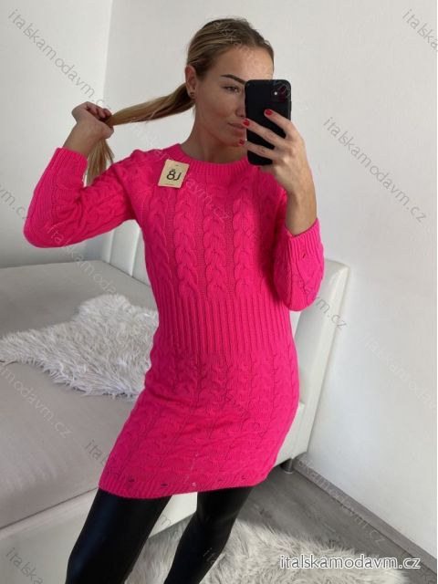 Šaty pletené dlouhý rukáv dámské (S/M ONE SIZE) ITALSKá MóDA IM4221275/DR S/M Neon růžová