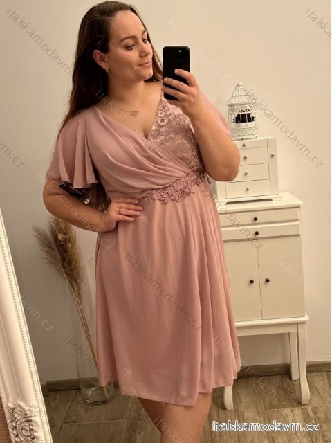 Šaty společenské elegantní šifonové krátký rukáv dámské nadrozměr (XL/2XL ONE SIZE) ITALSKÁ MÓDA IMM22ZO9013/DR XL/2XL starorůžová