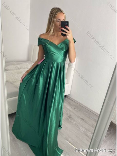Šaty carmen dlouhé na ramínka elegantní saténové dámské (S/M ONE SIZE) ITALSKÁ MÓDA IMPBB22B22735 zelená S/M