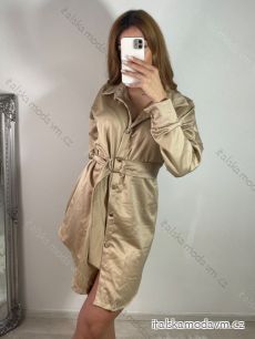 Šaty saténové košilové s páskem dlouhý rukáv dámské (S/M ONE SIZE) ITALSKÁ MÓDA IMWD223001