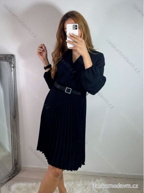 Šaty elegantné s opaskom dlhý rukáv dámske (S/M ONE SIZE) TALIANSKA MÓDA IMWGS223926/DR S/M čierna