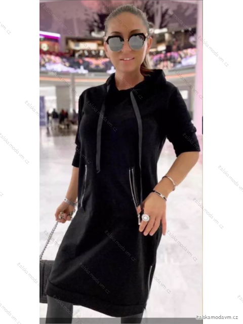 Šaty mikinové s kapucí dlouhý rukáv dámské (S/M ONE SIZE) ITALSKÁ MÓDA IMPLI2220621felpato/DR Černá S/M