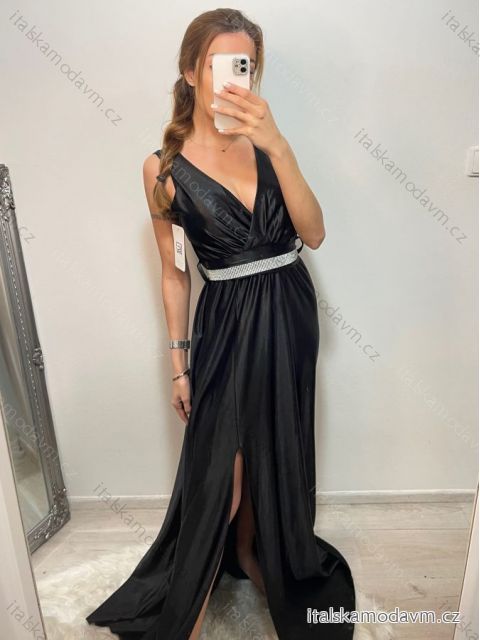 Šaty dlhé spoločenské plesové na ramienka dámske (S/M ONE SIZE) TALIANSKA MÓDA IMM22Ls25402/DR4 čierna
