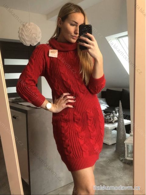 Šaty pletené s rolákom dlhý rukáv dámske (S/M/L ONE SIZE) TALIANSKA MóDA IM4221085/DU červená