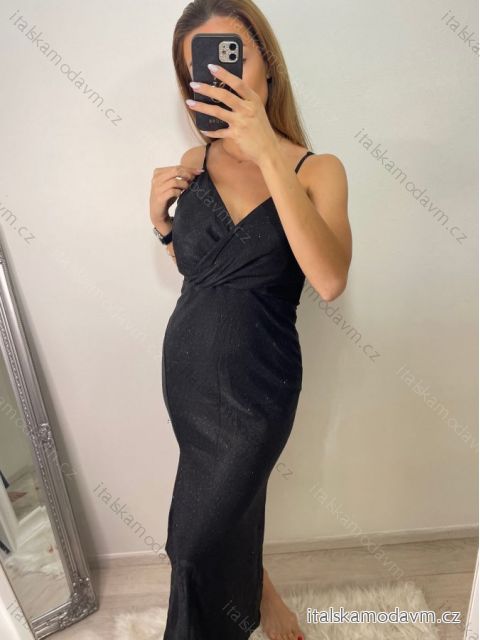 Šaty elegantní společenské dlouhé na ramínka třpytivé dámské (S/M ONE SIZE) ITALSKá MóDA IMM2255333/DU S/M čierna