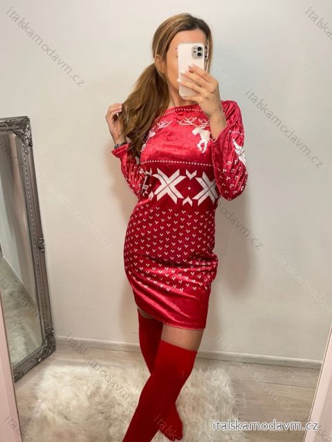 Šaty sametové vánoční dlouhý rukáv dámské (S/M ONE SIZE) ITALSKÁ MÓDA IMWD201175/DR S/M one size červená