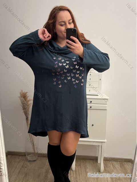 Šaty sametové s golirém dlouhý rukáv dámské nadrozměr (2XL/3XL ONE SIZE) ITALSKá MóDA IM422BUTFLY/DU smaragdová 2XL/3XL