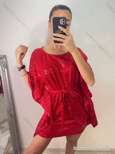 Šaty motýlkové elegantní třpytivé s flitry dlouhý rukáv dámský (S/M ONE SIZE) ITALSKÁ MÓDA IMM22EL5203/DU S/M červená