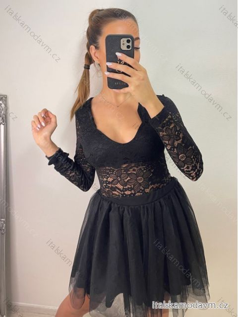 Body krajkové dlouhý rukáv dámské (S/M ONE SIZE) ITALSKÁ MÓDA IMWE224055/DU Černá S/M