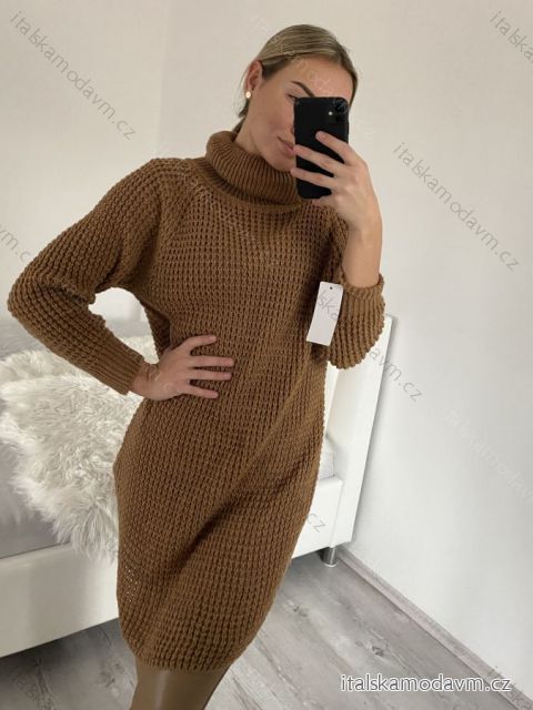 Šaty pletené sveter predĺžený s rolákom dámske (S / M ONE SIZE) TALIANSKÁ MÓDA IMD20741/DR S, M hnedá