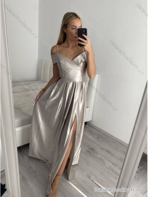 Šaty carmen dlouhé na ramínka elegantní saténové dámské (S/M ONE SIZE) ITALSKÁ MÓDA IMPBB22B22735 béžová S/M