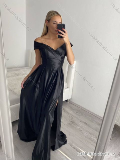 Šaty carmen dlouhé na ramínka elegantní saténové dámské (S/M ONE SIZE) ITALSKÁ MÓDA IMPBB22B22735 Černá S/M