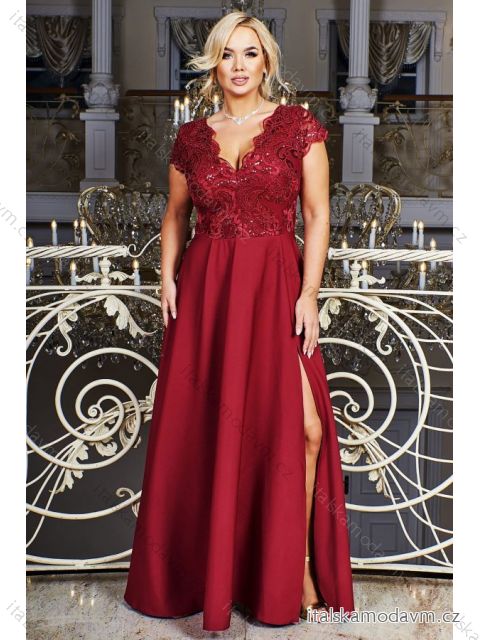 Šaty dlouhé elegantní společenské krátký rukáv dámské nadrozměr (36-56) POLSKÁ MÓDA PMLBF23ID1990-13 vínová 56