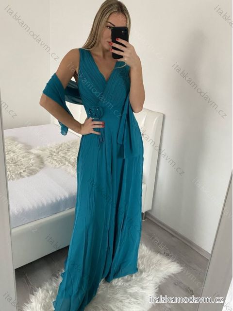 Šaty spoločenské elegantné plesové dlhé na ramienka dámske (L/XL ONE SIZE) TALIANSKA MÓDA IMM231878hk/DU L/XL zelenomodrá