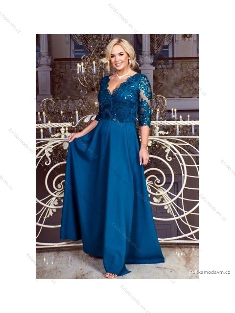 Šaty dlouhé elegantní společenské 3/4 dlouhý rukáv dámské nadrozměr (46-54) POLSKÁ MÓDA PMLBF23ID754 modrozelená 46