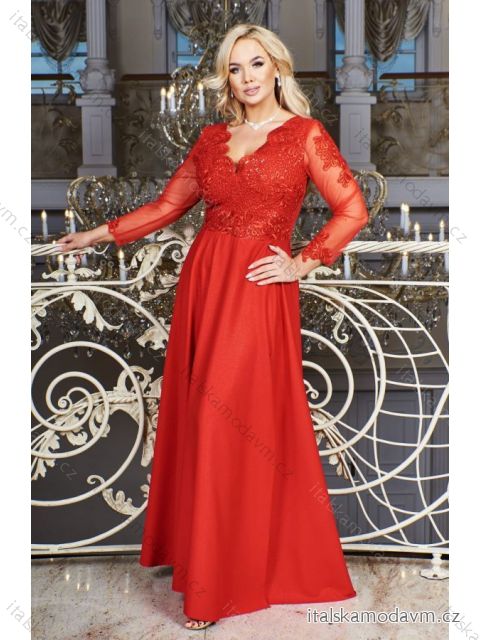Šaty dlhé elegantné spoločenské 3/4 rukáv dámske nadrozmer (36-54) POLSKÁ MÓDA PMLBF23ID1930 červená 36
