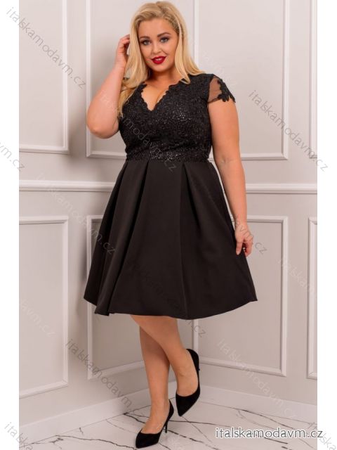 Šaty elegantní společenské krátký rukáv dámské nadrozměr (42-48) POLSKÁ MÓDA PMLBF23ID2789 Černá 42