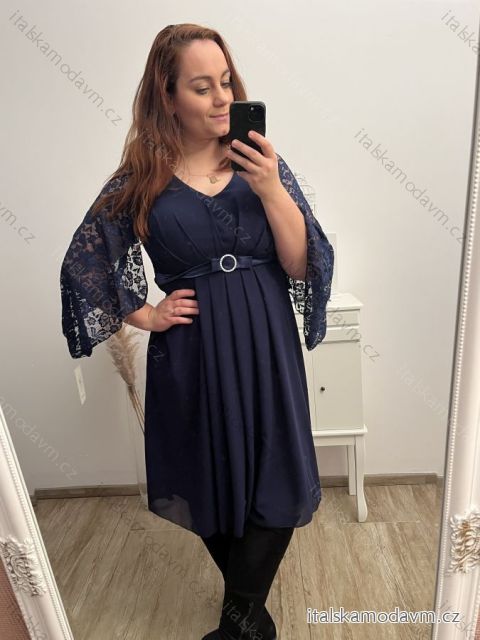 Šaty elegantné spoločenské dlhý rukáv dámske nadrozmer (XL/2XL ONE SIZE) TALIANSKA MÓDA IMPSH2280649/DU modrá tmavá XL/2XL
