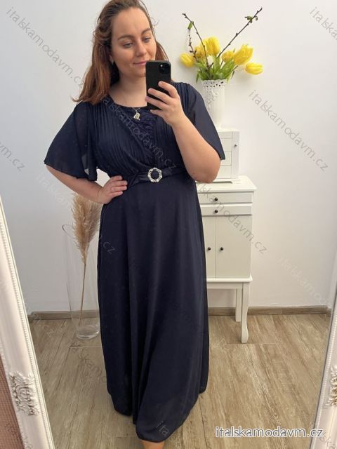 Šaty společenské elegantní plesové krátký rukáv dámské nadrozměr (XL/2XL ONE SIZE) ITALSKÁ MÓDA IMM239016ZO/DU XL/2XL tmavě modrá