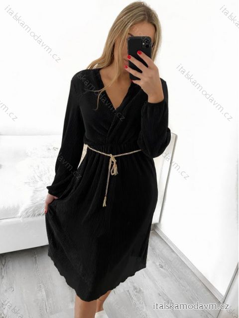 Šaty s páskem dlouhý rukáv dámské (S/M ONE SIZE) ITALSKá MóDA IM423020/DU S/M čierna