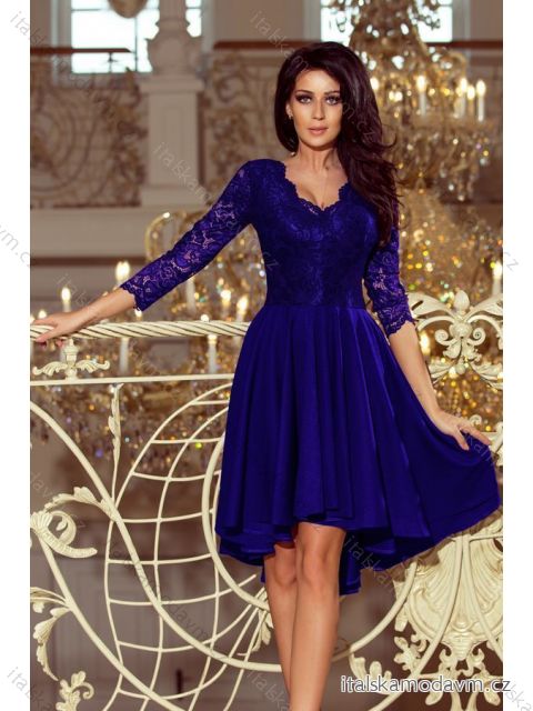 Šaty elegantní krajkové s delším zadním dílem, 3/4 rukávy (S-2XL) TALIANSKA MÓDA NMC-210-4/DU modrá tmavá L