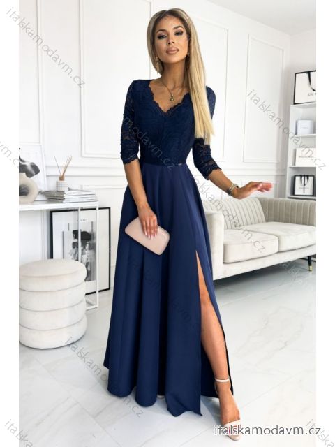 Šaty elegantní krajkové dlouhé 3/4 rukávy AMBER (S-2XL) ITALSKÁ MÓDA NMC-309-6/DU modrá tmavá XL