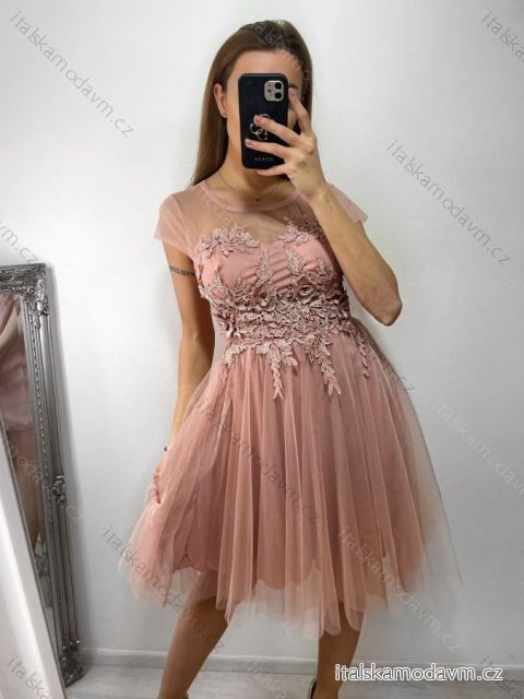 Šaty spoločenské tylové krátky rukáv dámske (S/M ONE SIZE) TALIANSKA MóDA IM9238938/DUR