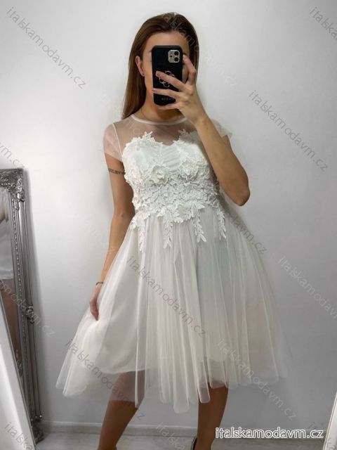 Šaty společenské tylové krátký rukáv dámské (S/M ONE SIZE) ITALSKá MóDA IM9238938/DUR S/M biela