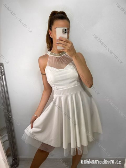Šaty elegantné krátke bez rukávov spoločenské dámske (S/M ONE SIZE) TALIANSKA MÓDA IMM22Q52233/ULbiela