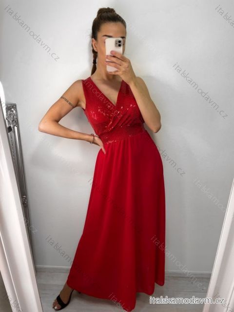 Šaty dlouhé elegantní třpytivé bez rukávu dámské (S/M ONE SIZE) ITALSKá MóDA IMM22EL2697/DU S/M červená