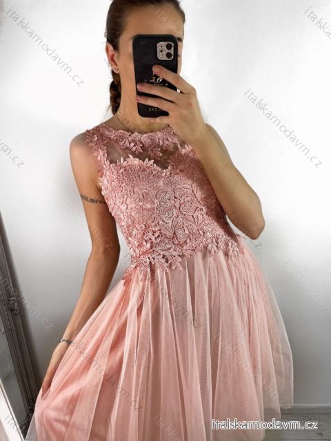 Šaty elegantné plesové bez rukávov čipka dámske (uni s/m) TALIANSKA MóDA IM921BELLA/DU S/M svetlo ružová