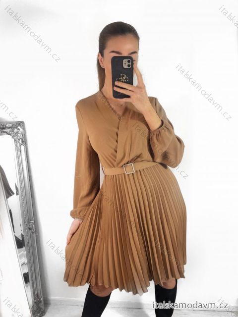 Šaty skládané s páskem dlouhý rukáv dámské (S/M ONE SIZE) ITALSKÁ MÓDA IMWGZ23105/DU
