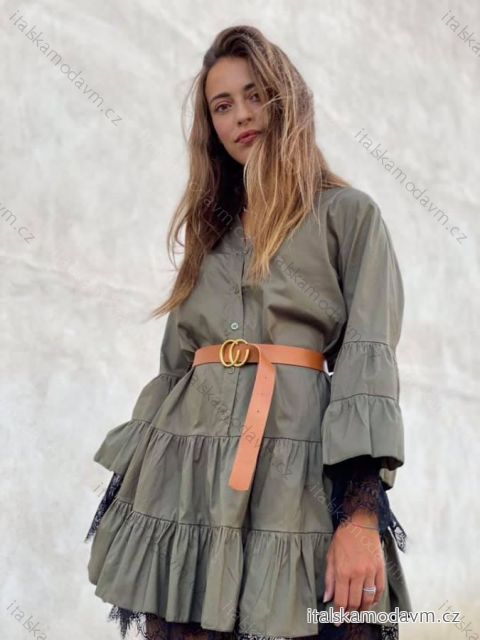Šaty košilové dlouhý rukáv s páskem dámské (S/M ONE SIZE) ITALSKÁ MÓDA IMM23MS56039