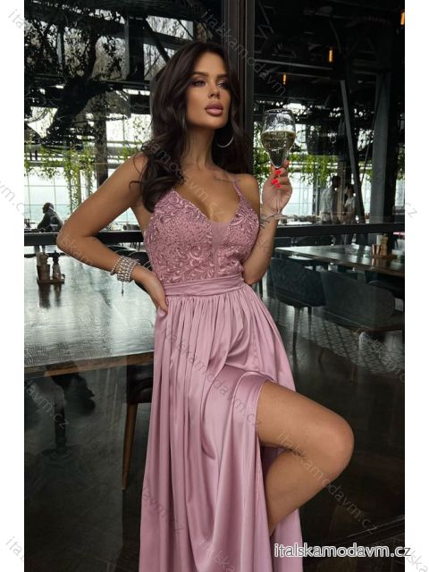 Šaty dlouhé elegantní společenské na ramínka dámské (34-40) POLSKÁ MÓDA PMLBC23267-20 růžová 36