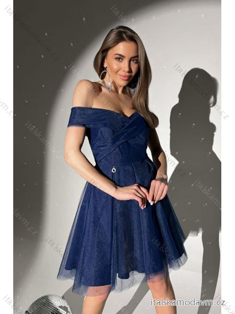 Šaty elegantní společenské carmen bez rukávu dámské (34-40) POLSKÁ MÓDA PMLBC23277-10 tmavo modrá 36
