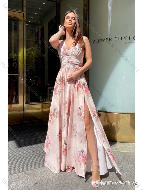 Šaty dlhé elegantné spoločenské bez rukávu dámske kvetované nadrozmer (34-48) POLSKÁ MÓDA PMLBC23245-17 kvietkované 44